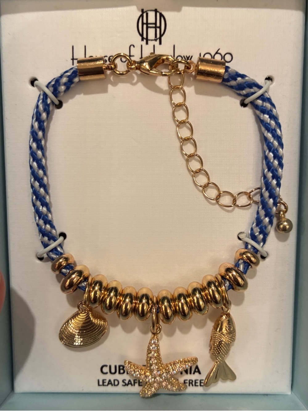 House of Harlow 1960 Blue and Gold Starfish Charm Bracelet with Rhinestones